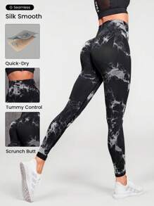 Seamluxe SHEIN Sport Tie Dye Running Leggings Tummy Control Sports Tights - Black - View 1