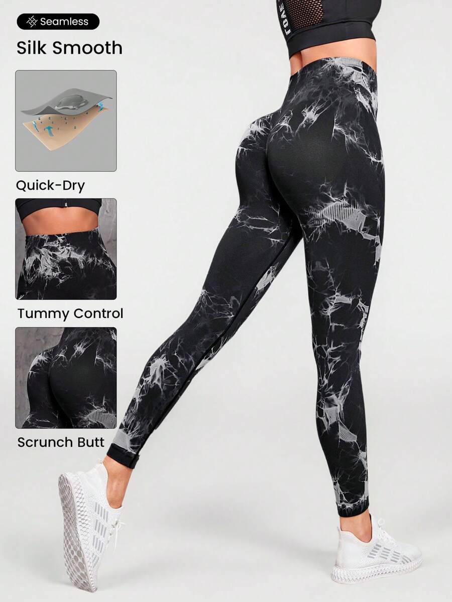 Seamluxe SHEIN Sport Tie Dye Running Leggings Tummy Control Sports Tights - Black - View 1