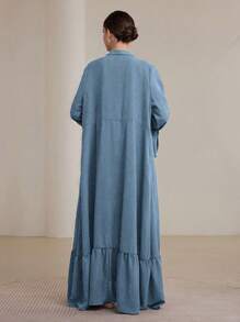 Graceveil 女士纯色长袖简约百褶宽松阿拉伯长袍，端庄长袍 - 藍色 - 查看 2