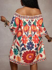 Slaydiva 2025 春夏新品大码露肩花卉印花休闲度假连衣裙波西米亚风女装女装波西米亚风连衣裙女装墨西哥风连衣裙女装女装波西米亚风狂欢服装音乐节