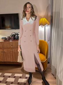 Pariaura 女士优雅修身连衣裙，黑色开衩，长袖，花卉蕾丝花边，金色装饰纽扣，弹性舒适面料，春/秋 - 藕粉色 - 查看 4