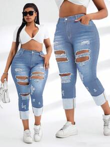 SHEIN SXY Damen Stretchjeans in Blau mit Destroyed-Optik in Große Größen - Helle Waschung - Übersicht 1