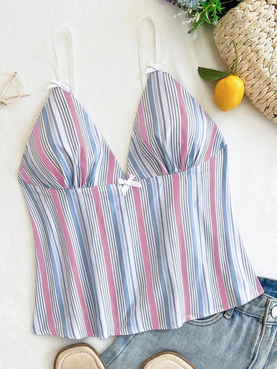 SHEIN Unity Vacation-Style Striped Bow Design Contrast Color Deep V Camisole - Pink - View 1