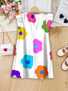 SHEIN Young Girl Floral, Casual Simple Flower Pattern Dress With Ruffle Trim, Suitable For Summer - White - View 2