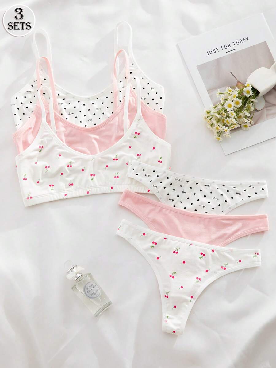 SHEIN 6pcs Set Casual & Comfortable Romantic Girl Print Lingerie Set, Kawaii - Multicolor - View 1
