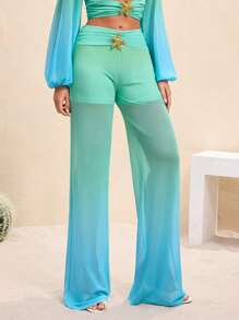 BY FELIZIA Women's Blue Green Gradient Printed Mesh Pleated Wide Belt Starfish Flared Leg Pants Beach Holiday Women Summer Clothes Casual - Multicolor - View 8