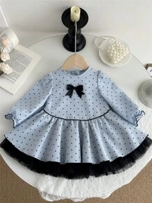 女婴圆领长袖碎花波点印花公主裙，春秋季 - 藍色 - 查看 1
