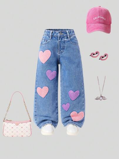Young Girl' Vintage Colorful Embroidery Comfy Loose Casual Washed Light Blue Wide-Leg Jeans, School, Campus, College Summer Holiday