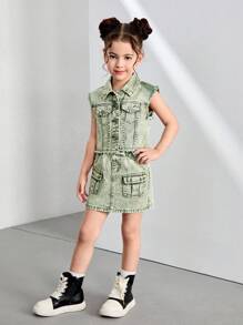 DENIMLY YOUNG GIRL Y2K Urban Street Boho Vintage Heavy Stone Wash Mint Green Raw Hem Crop Denim Jacket & Denim Mini Skirt Matching Two Pieces ,Elastic Waistband And Multi Cargo Pockets Skirt