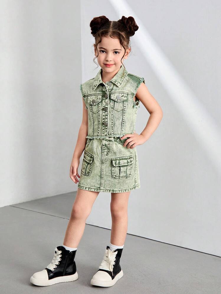 Conjunto de dos piezas de DENIMLY con chaqueta de mezclilla verde menta lavada con piedra vintage estilo Y2K urbano bohemio y minifalda de mezclilla a juego con cintura elástica y múltiples bolsillos tipo cargo - verde menta - Añade 5