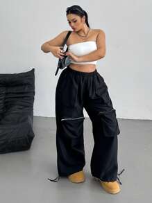 POPSWAY Pantaloni cargo dritti neri casual con tasche con zip, taglie comode per donne