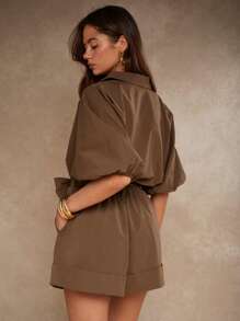 COSMINA 女士纯色蝙蝠袖衬衫和短裤套装 - 棕色 - 查看 2