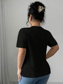 Arcane Artistry Plus Size Women Round Neck Short Sleeve T-Shirt With Faux Pearl And Patchwork Trim - Black - View 2