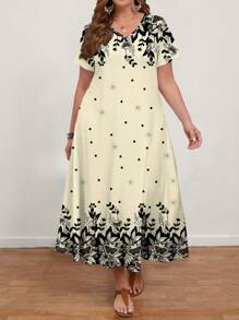 EMERY ROSE 大码女式休闲蝴蝶结碎花 V 领短袖连衣裙，适合夏季 - 米色 - 查看 1