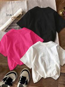 SHEIN Leap Crew 3pcs/Pack Tween Girls Casual Minimalist Cartoon Graphic Multiple T-Shirts, Suitable For Summer Season - Multicolor - View 2
