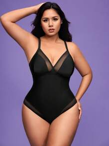 SHEIN Swim Curve 25pcs Functional Plus Size Mesh Patchwork One-Piece Swimsuit For Summer Beach Vacation - Black - View 1