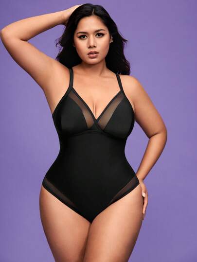 SHEIN Swim Curve 25pcs Functional Plus Size Mesh Patchwork One-Piece Swimsuit For Summer Beach Vacation