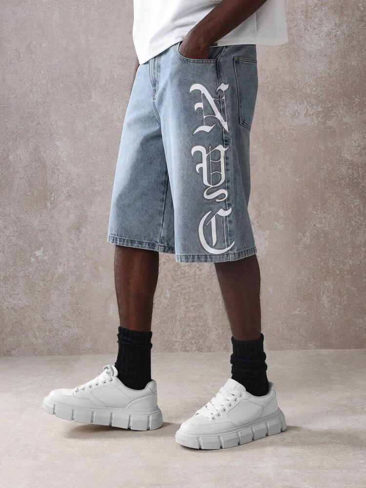 SUMWON Designer Skater Denim Shorts Loose Fit Printed Gothic Letters Street Style Casual Urban Summer Fashion Oversized Relaxed Streetwear Shorts