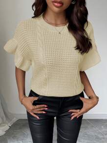 SHEIN Unity Women's Casual Knitted Vest With Ruffle Hem And Cable Cable Pattern - Apricot - View 6