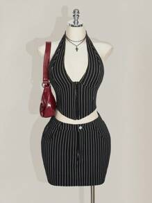 SHEIN ICON Plus Size Striped Halter Neck Backless V-Neck Top And Striped Bodycon Skirt 2 Pieces Set - Black and White - View 1
