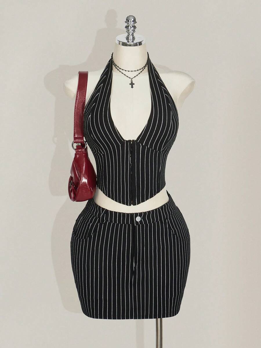 SHEIN ICON Plus Size Striped Halter Neck Backless V-Neck Top And Striped Bodycon Skirt 2 Pieces Set - Black and White - View 1