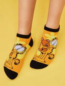 GARFIELD X SHEIN 3 Pairs Cat & Dog Pattern Breathable & Soft Short Socks, Reinforced Toe & Heel, Suitable For All Seasons,Women,Girl
