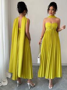 Rafferiza 无肩带褶皱连衣裙，优雅性感礼服配缎带领带，全新夏季风格 - 綠色 - 查看 1