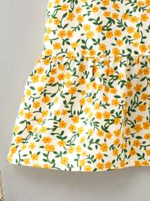 SHEIN Blusa casual ajustada con cuello en V, volantes y estampado floral pequeño para niñas jóvenes - Amarillo - Ver 4