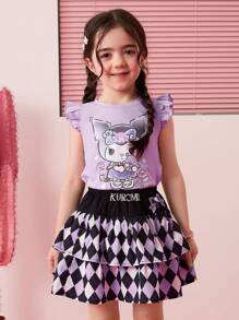 HELLO KITTY AND FRIENDS | SHEIN 少女卡通印花紫色盖袖可爱甜美盖袖T恤和黑紫色格子校裙两件套
