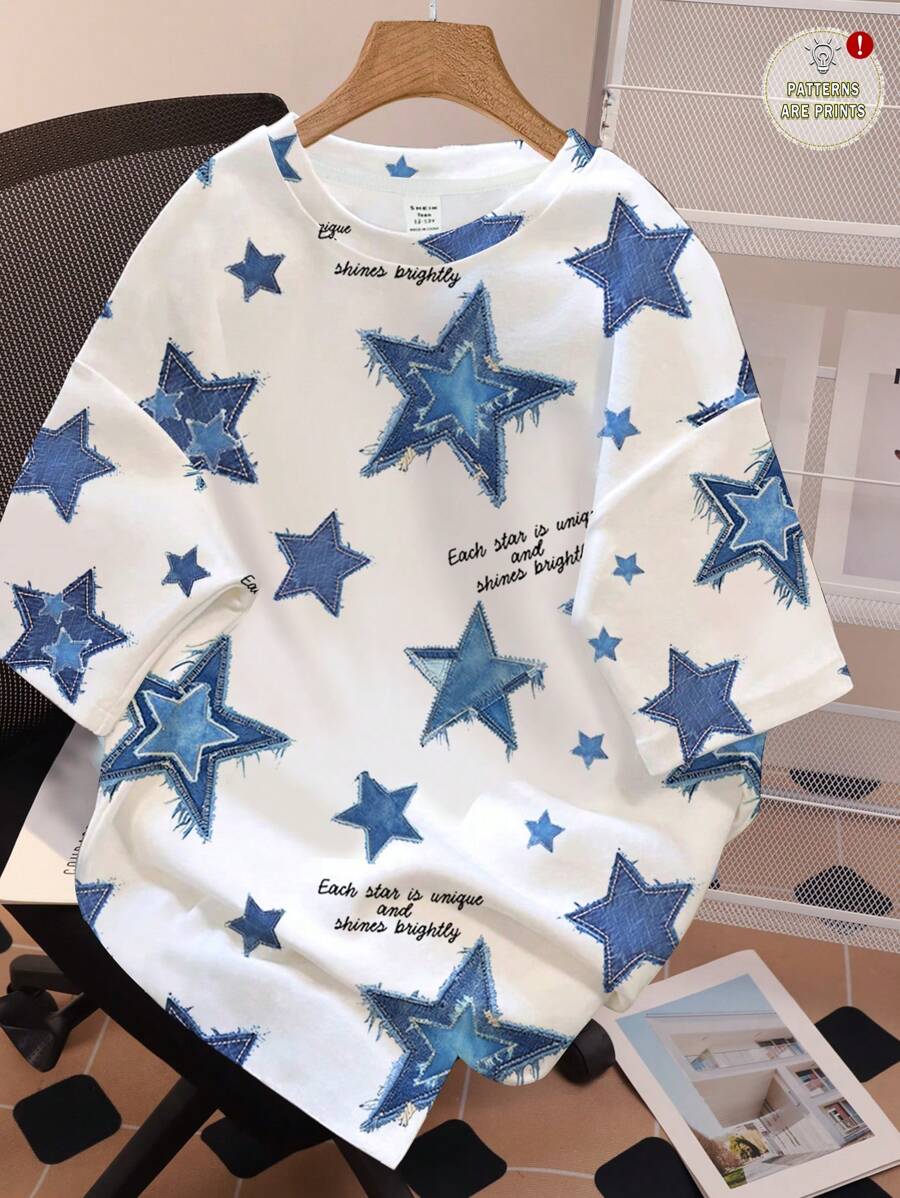 SHEIN 五角星和英文字母印花宽松针织休闲青少年女孩 T 恤，适合夏季 - 彩色 - 查看 1