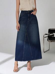 CLARA VERO 100% Cotton Low Waist Washed Strong Denim Skirt - Dark Wash - View 6
