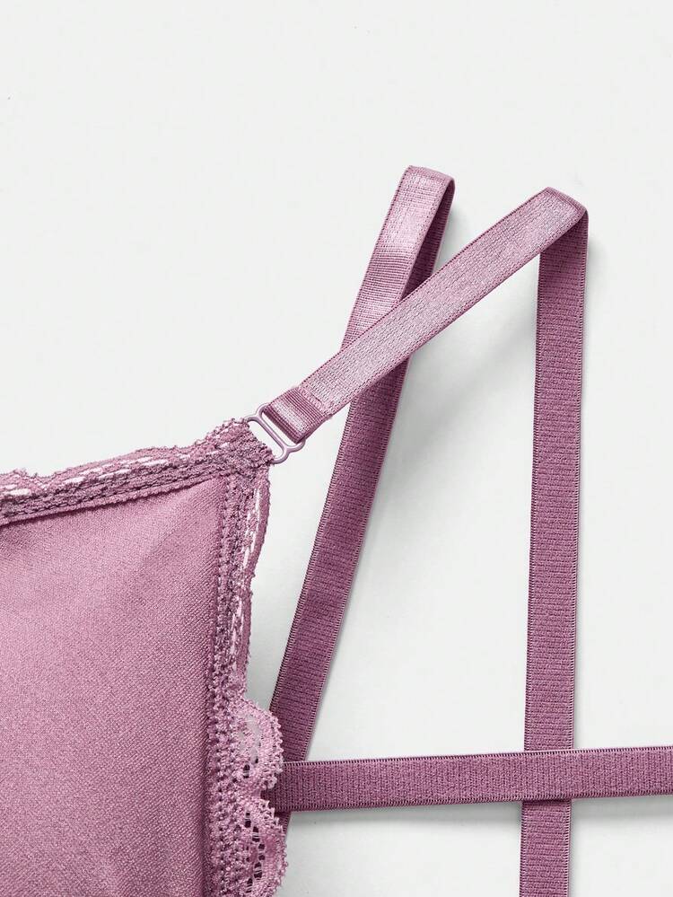 SHEIN 1pc Teen Girl Solid Color Contrast Lace Criss Cross Back Lingerie - Mauve Purple - View 3