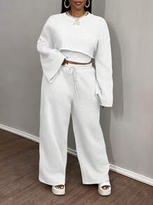 Slaydiva 2024 New Basic Solid Color Long Sleeve Cropped Top, Cami, And Wide Leg Long Pants 3 Piece Set, Plus Size Women Casual Homewear