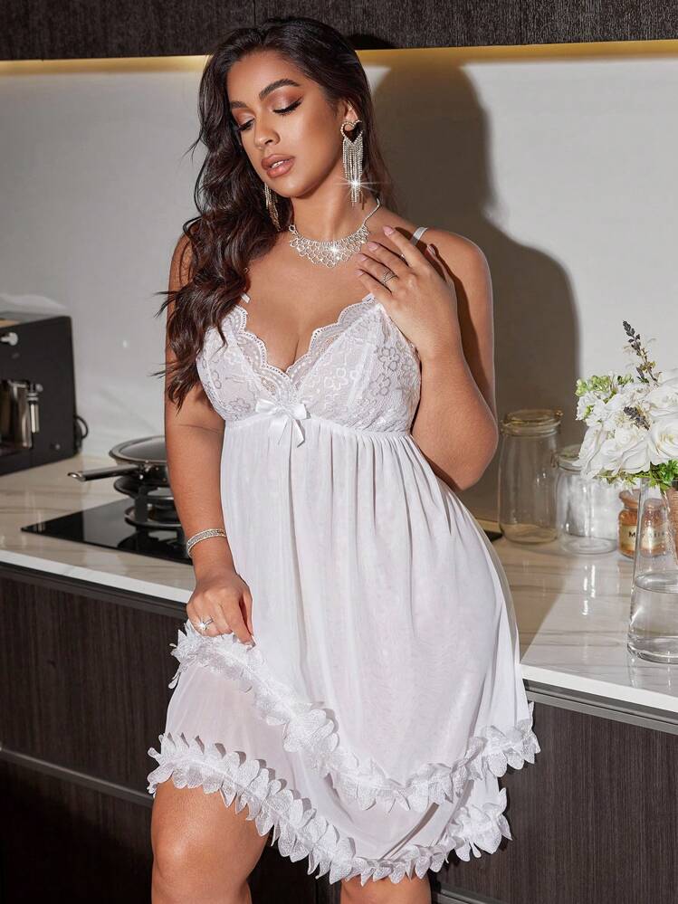 Plus Size Women 3D Floral Lace Trim Sexy Mesh Lace Slip Dress - White - View 4