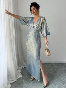 Elenzga 女士优雅休闲通勤派对情人节金属开衩长裙，春夏 - 藍色 - 查看 6