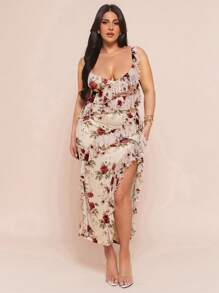 SHEIN BAE 大码女式优雅花卉和网眼荷叶边下摆侧开衩长裙，适合婚礼派对、伴娘、鸡尾酒会/曲线裙/夏威夷女装/长款花卉裙/花卉长裙/春季长裙/及膝裙/曲线沙滩裙/花卉长裙/母亲节/妈妈/母亲/妈妈/母亲节/妈妈/妈妈/母亲节礼物 - 杏色 - 查看 4