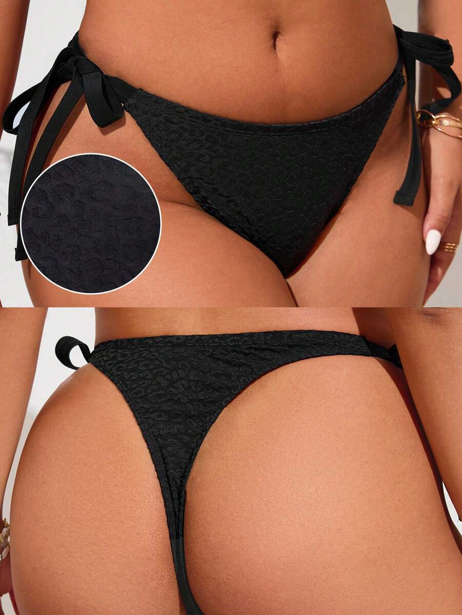SHEIN Swim 2025 Summer Beach Sexy Plus Size Women Leopard Print Jacquard Textured Bikini Bottom - Black - View 1