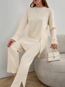 EURMUSE Women Solid Color Rib Knit Round Neck Button Detailed Pullover & Sweater Pants Knit Two Piece Set,Winter Clothes - Beige - View 1