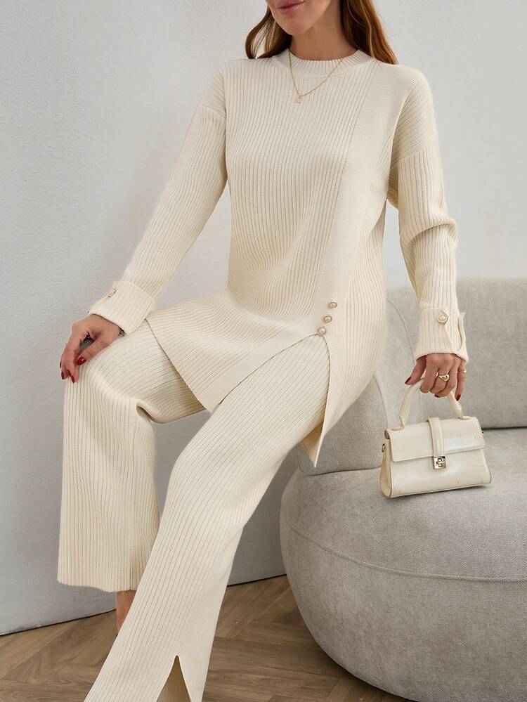 EURMUSE Women Solid Color Rib Knit Round Neck Button Detailed Pullover & Sweater Pants Knit Two Piece Set,Winter Clothes - Beige - View 1