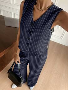 Siren Gaze 女士条纹单排扣背心和裤子两件套休闲套装 - 藏蓝色 - 查看 4