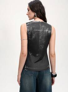 Chiquease 女士黑白 3D 印花无袖休闲上衣，适合通勤，春夏季 - 黑色 - 查看 2