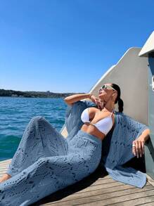 EURMUSE 女士 Vcay 钩针针织七分袖和服和长裤罩衫套装 - 淺藍色 - 查看 6