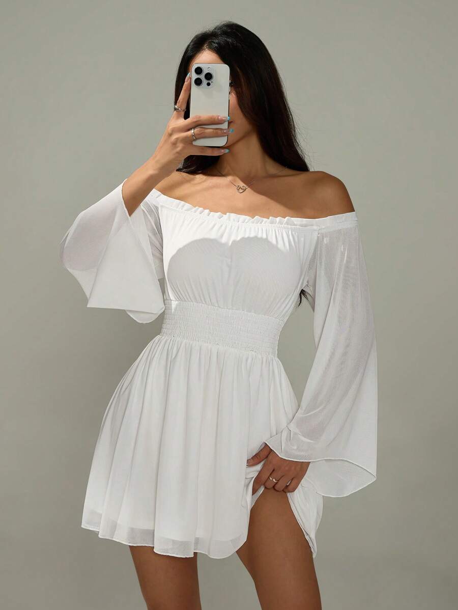 SHEIN PETITE 女士度假纯色露肩喇叭袖收腰迷你连衣裙 - 白色 - 查看 1