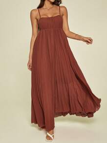 SHEIN Tall 女士砖红色连衣裙，夏季度假装，现代度假波西米亚纯色沙滩裙，极简主义无袖褶皱连衣裙 - 鏽棕色 - 查看 9