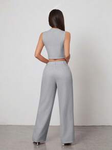 SHEIN PETITE 粉色西装背心上衣、直筒长裤、女士优雅西装套装 - 灰色 - 查看 2