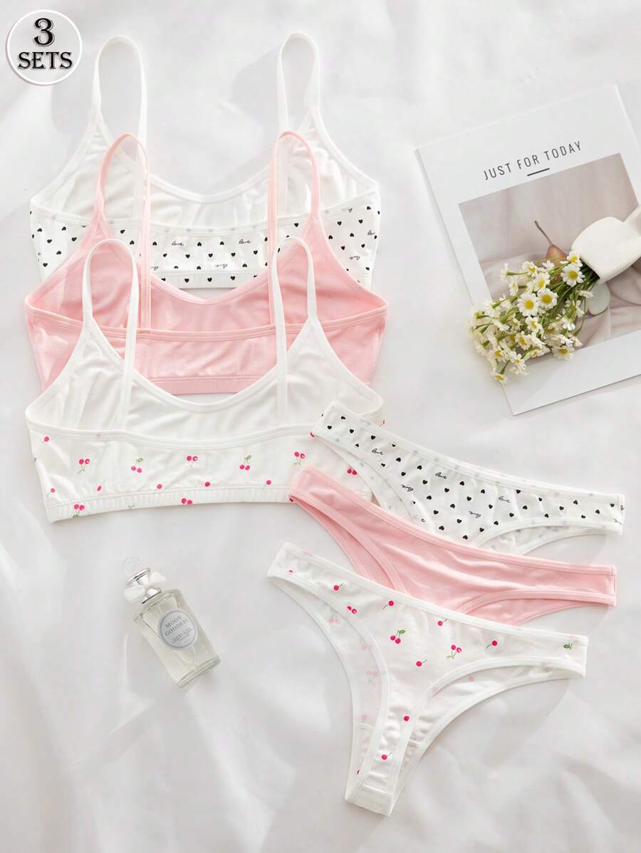 SHEIN 6件套休闲、舒适、浪漫女孩印花内衣套装 - 彩色 - 查看 1