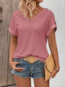 EMERY ROSE Camiseta informal de manga corta con cuello en V liso y decoración de botones, para verano - Rosa Oxidada - Ver 5