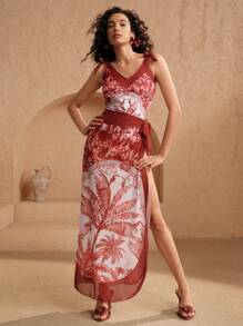 Swim Oasis 2pcs Women's Digital Print Mesh Long Skirt And Strappy One Piece Swimsuit Co-Ord Set, Vacation Style High-End Outfit For Summer - Red - View 5