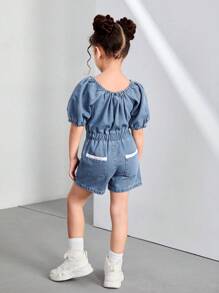 Girls Elastic Waist Casual Denim Jumpsuit With Embroidered Floral Trim, Comfortable & Fashionable For Summer Vacation