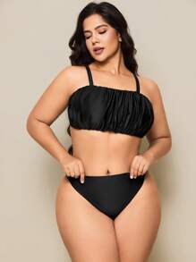 SHEIN Swim Curve Plus Size Women's Minimalist Basic Beach Holiday Bikini Set For Summer Beach Vacation - Black - View 3